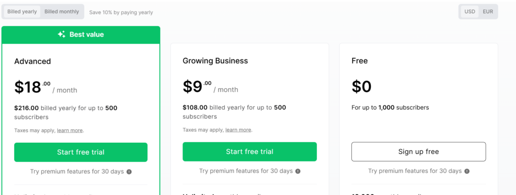 MailerLite vs MailChimp : MailerLite Pricing